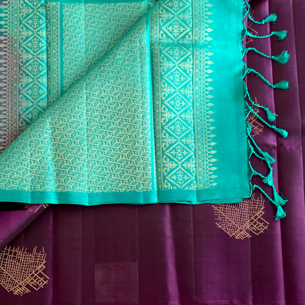 Deep Purple Designer Pure Silk Saree With Teal Green Pallu