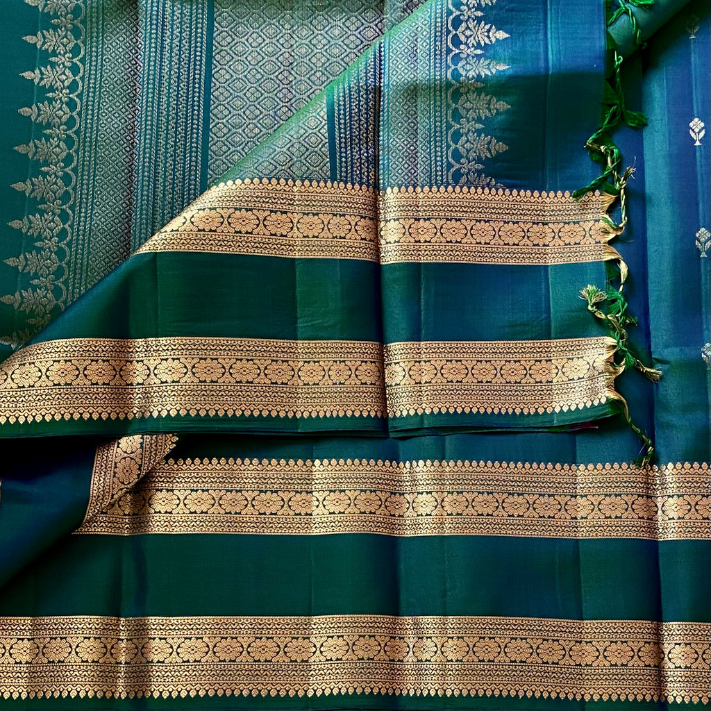 Peacock Blue Designer Pure Silk Saree Antique Gold Zari Border