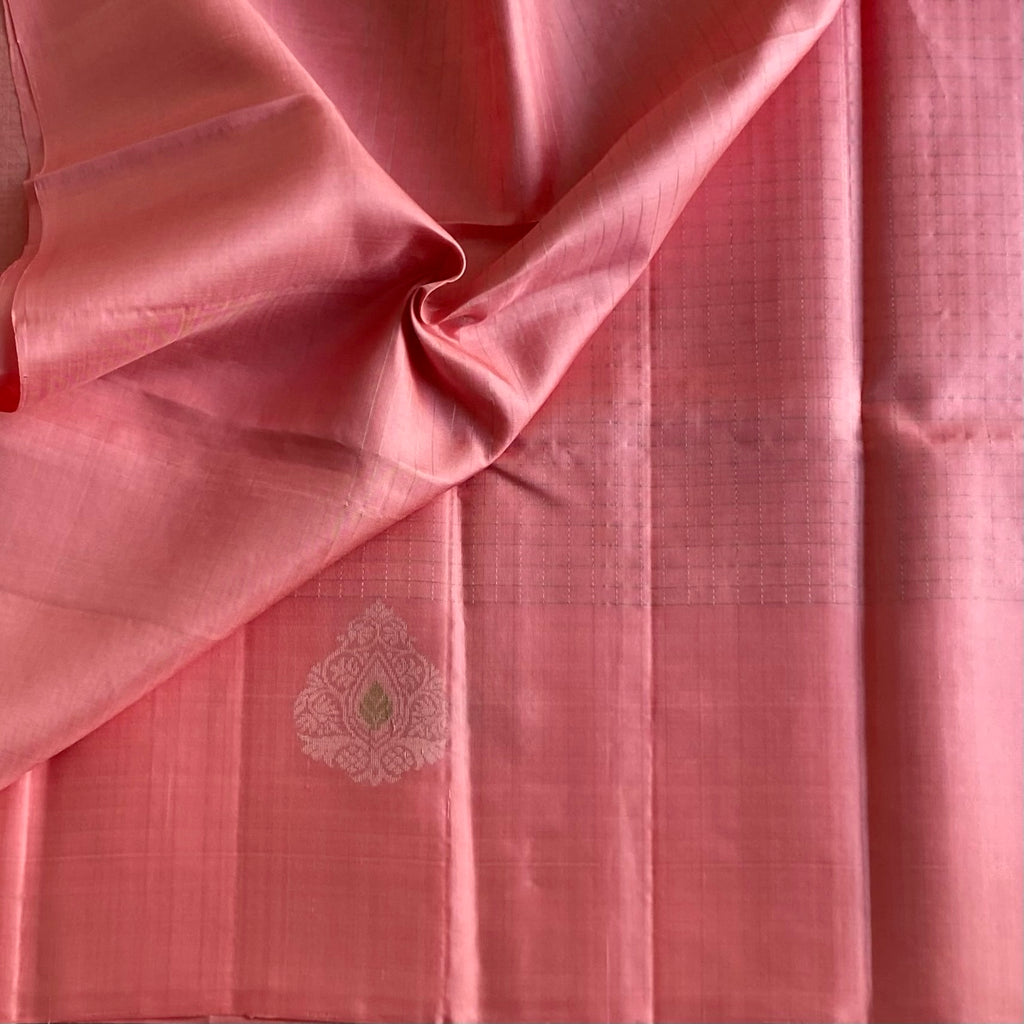 Salmon Pink Designer Pure Silk Saree With Antique Silver Motifs
