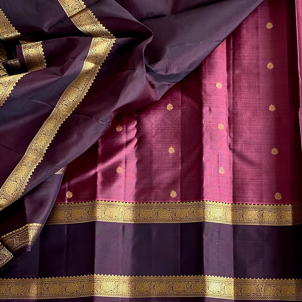 Metallic Mauve Designer Pure Silk Saree Espresso Wine Pallu Gold Zari Border