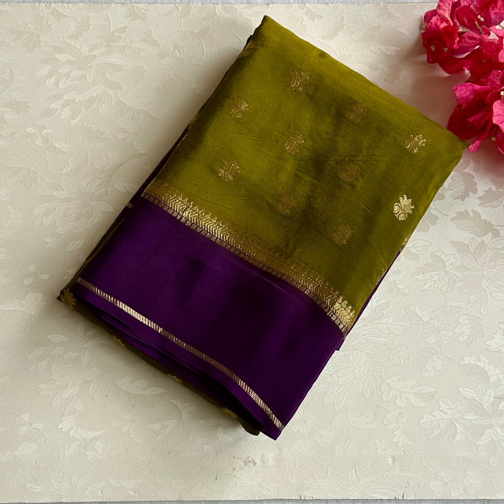 Olive Green soft crepe beauty with Deep Purple Zari Pallu and Border