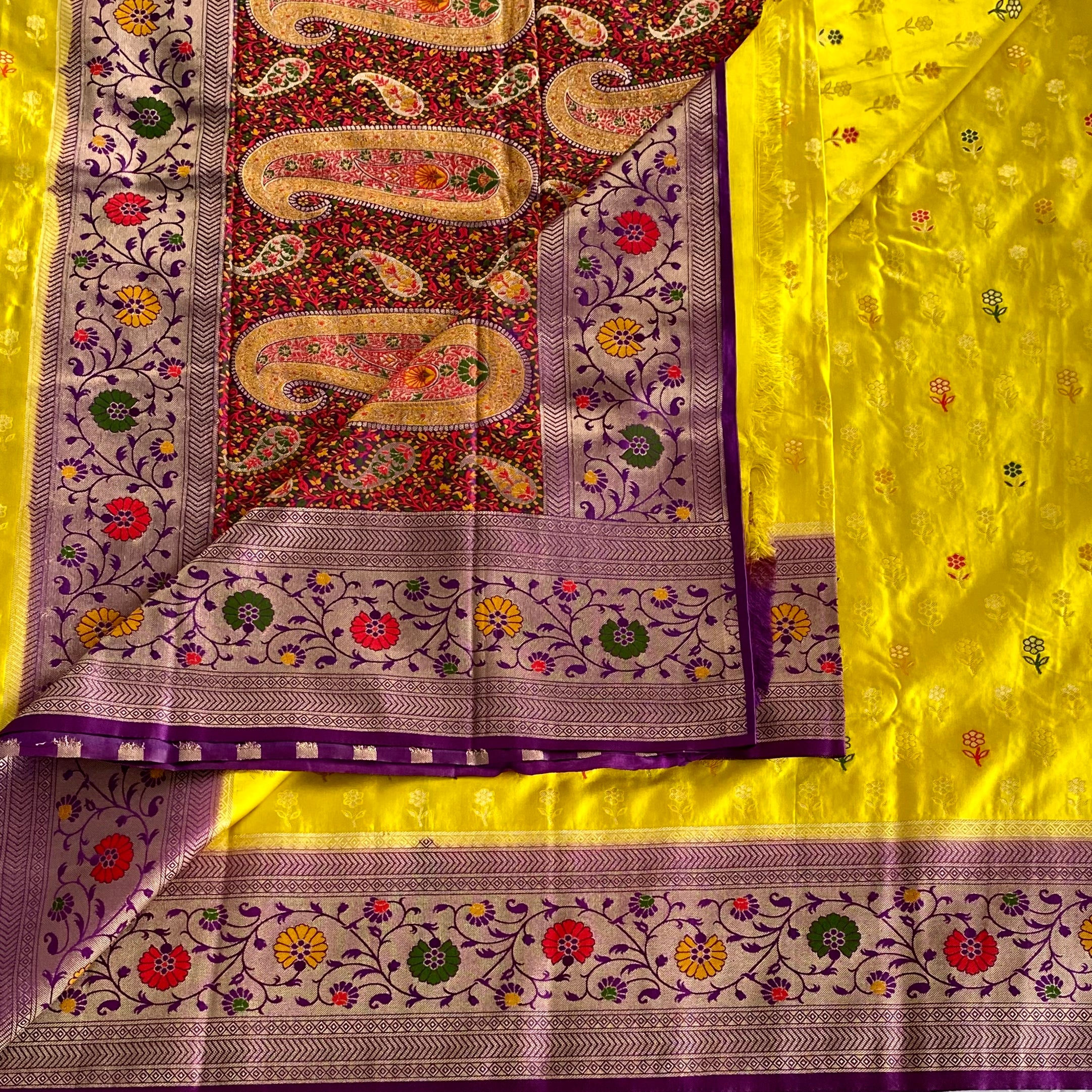 Canary Yellow Banarasi Silk Saree Burgundy Paisley Pallu Purple Border