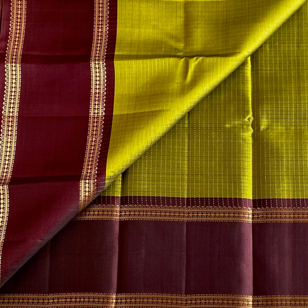 Burgundy Designer Pure Silk Saree With Lime Green Contrast Panel