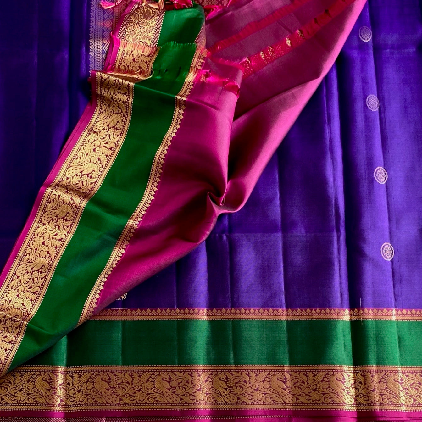 Royal Purple Designer Pure Silk Saree With Fuchsia Pink Pallu