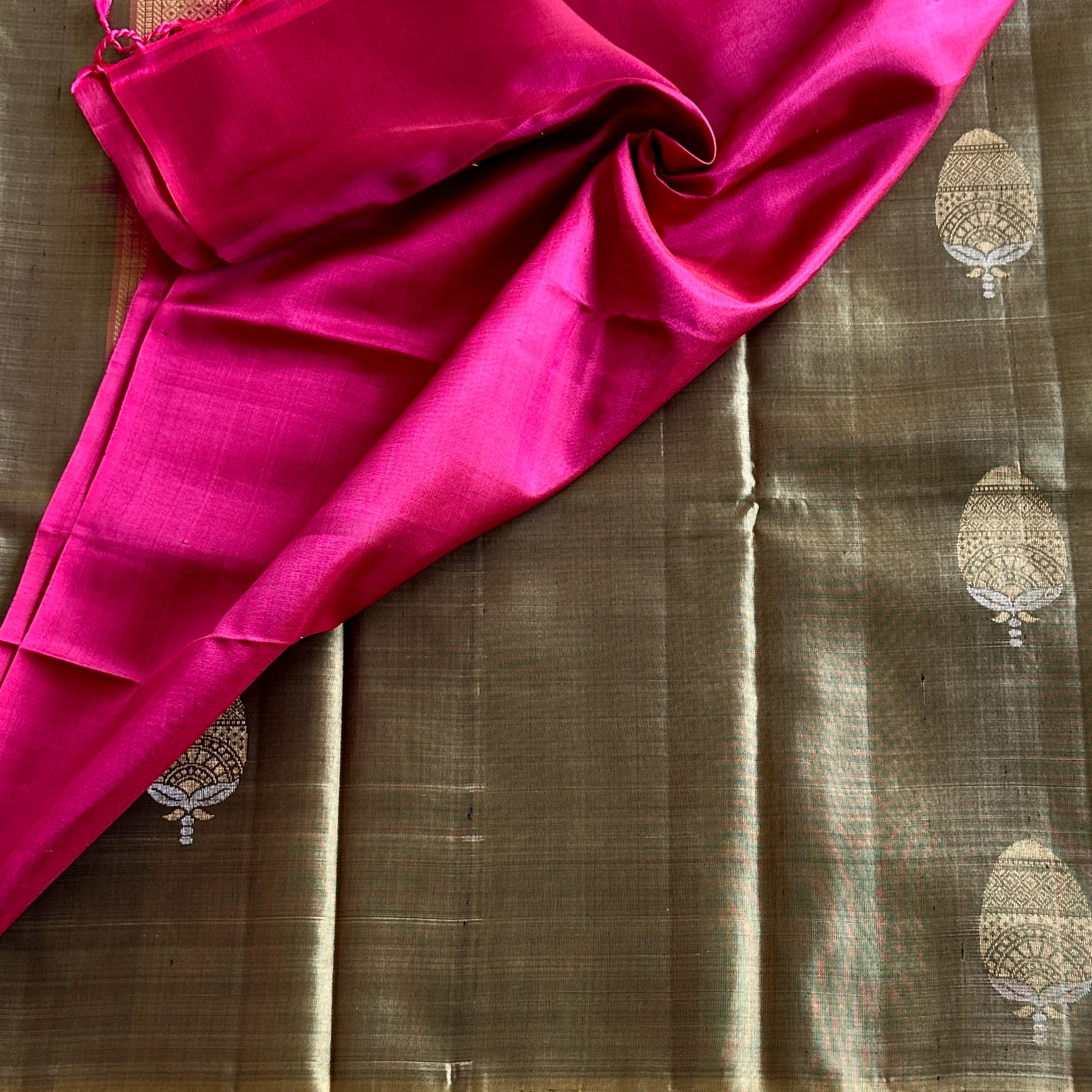 Greyish Sage Fuchsia Olive Silk Saree Antique Gold Brocade Festive Traditional Wear