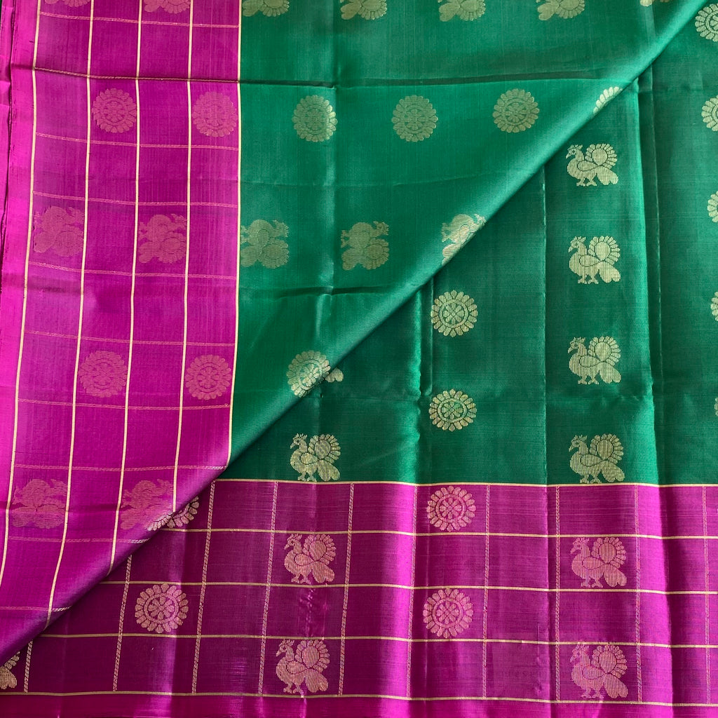 Emerald Green Deep Magenta Designer Pure Silk Saree With Checkered Weave