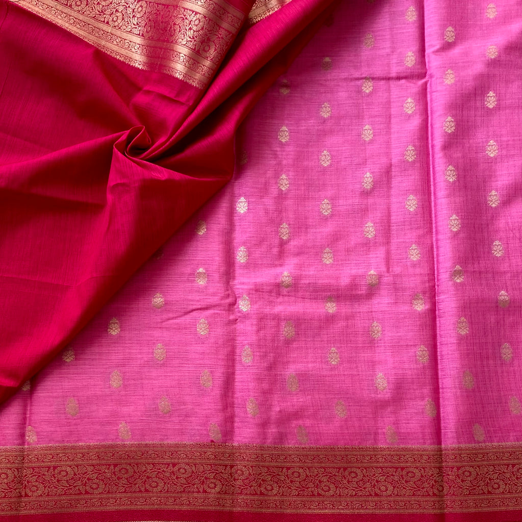 Fuchsia Pink Saree Gold Zari Floral Jaal Pallu Tassel Border