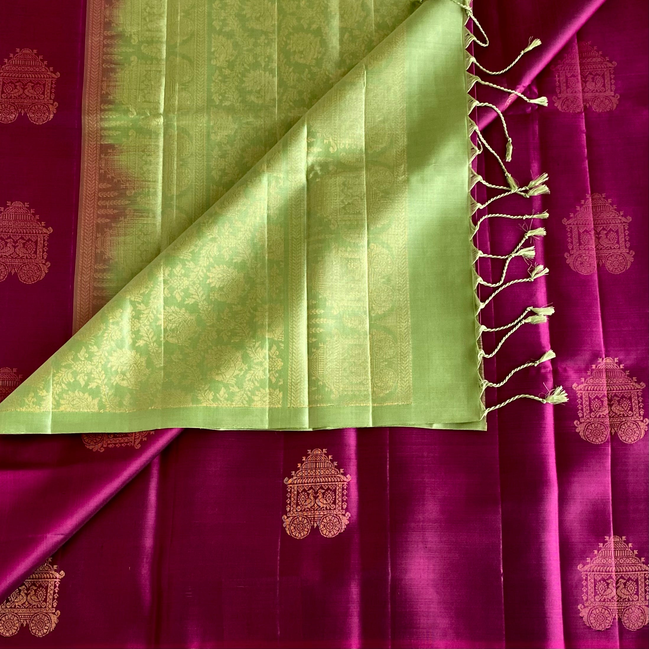 Rani Pink Designer Pure Silk Saree With Leaf Green Pallu