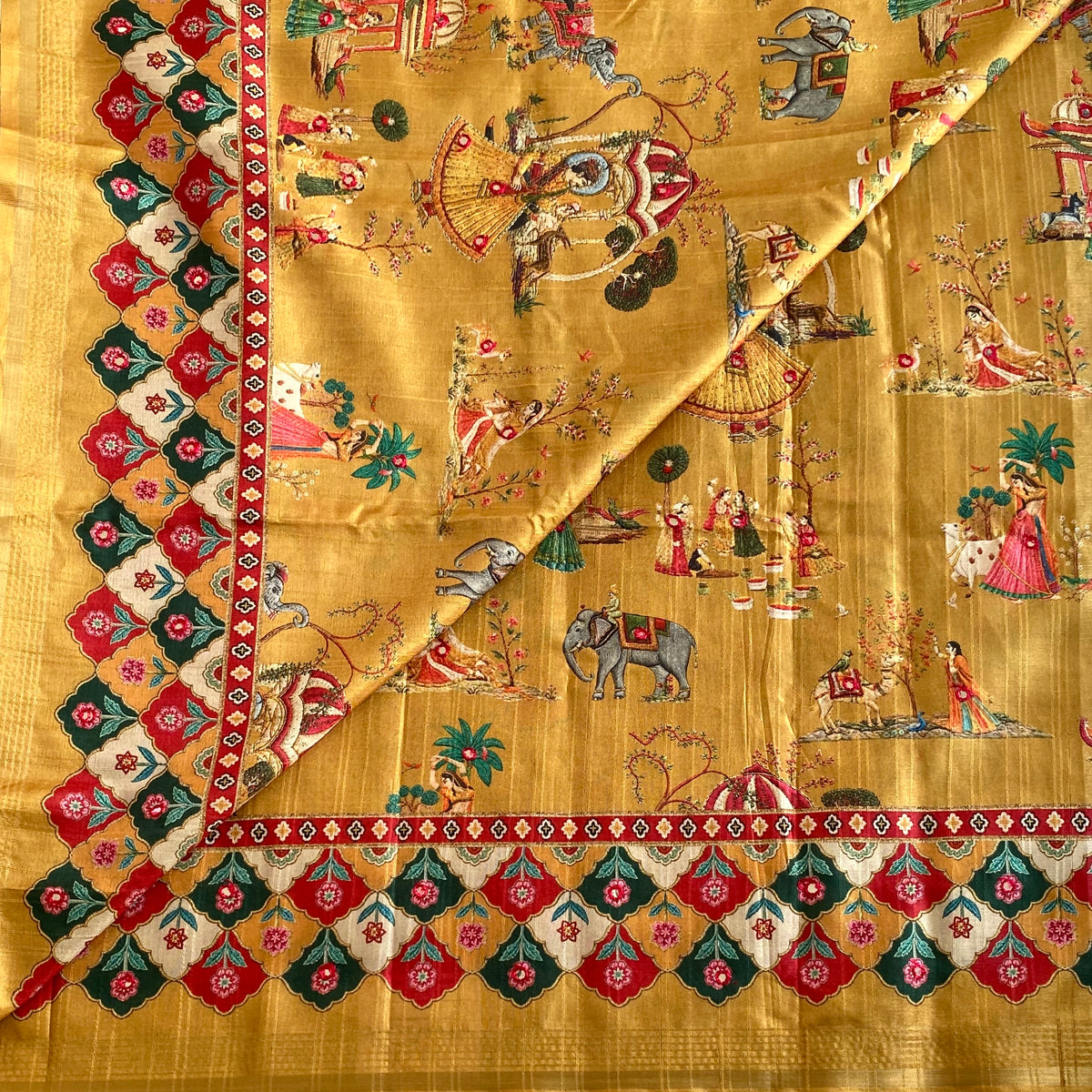 Golden Ochre Designer Soft Printed Tussar Saree Floral & Mirror Work