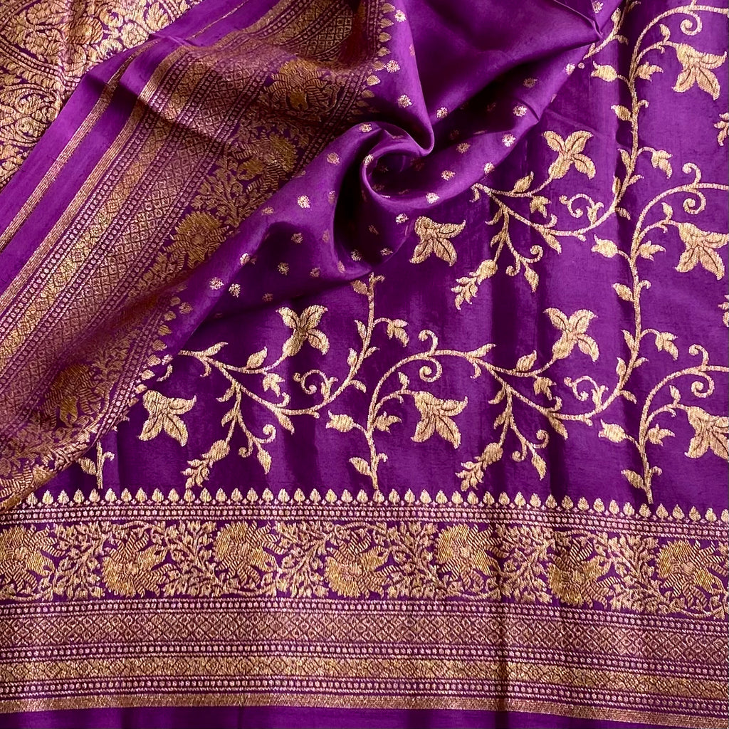 Royal Purple Banarasi Crepe Silk Saree With Antique Gold Zari