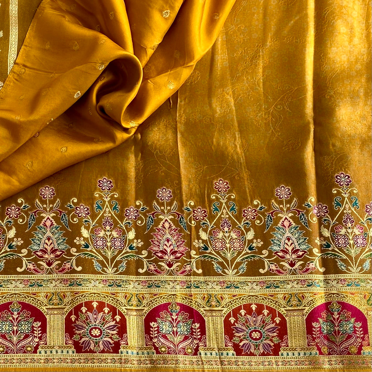 Mustard Gold Meenakari Soft Tussar Silk Saree With Deep Magenta Pallu And Temple Border