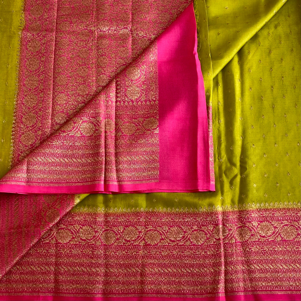 Chartreuse Green Banarasi Crepe Silk Saree With Contrast Rani Pink And Gold Zari