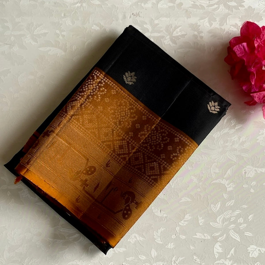 Midnight Black Designer Pure Silk Saree With Deep Jaggery Pallu