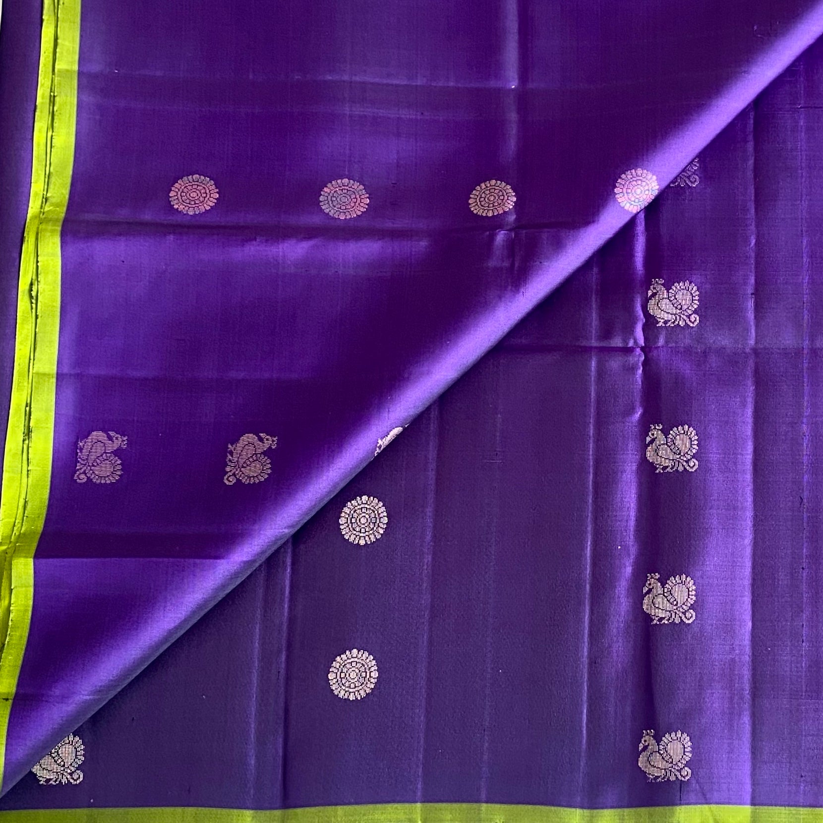 Royal Purple Designer Pure Silk Saree With Lime Green Pallu