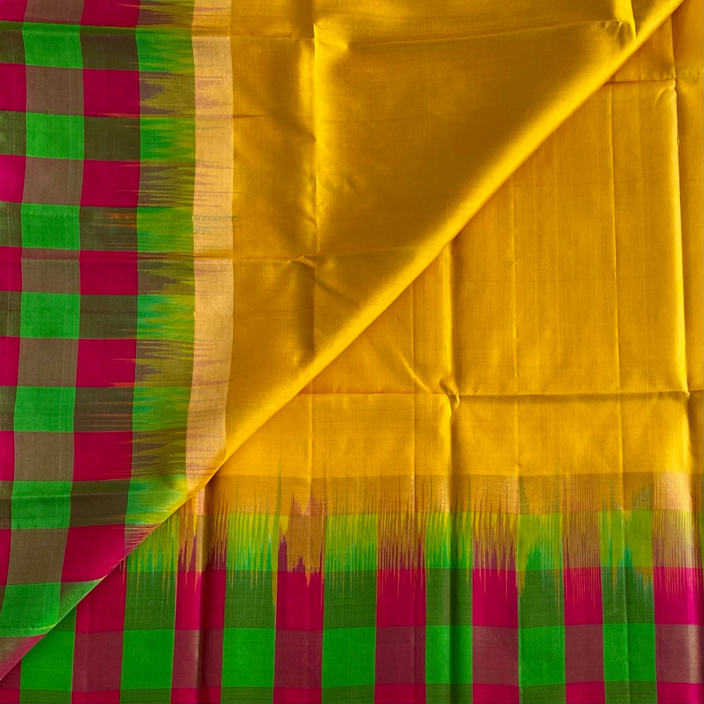 Designer Pure Silk Golden Yellow With Multi Checkered Borders & Pallu
