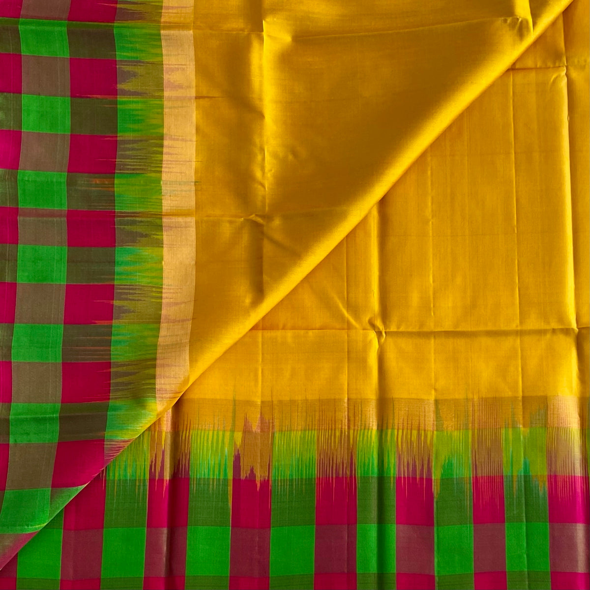 Designer Pure Silk Golden Yellow With Multi Checkered Borders & Pallu