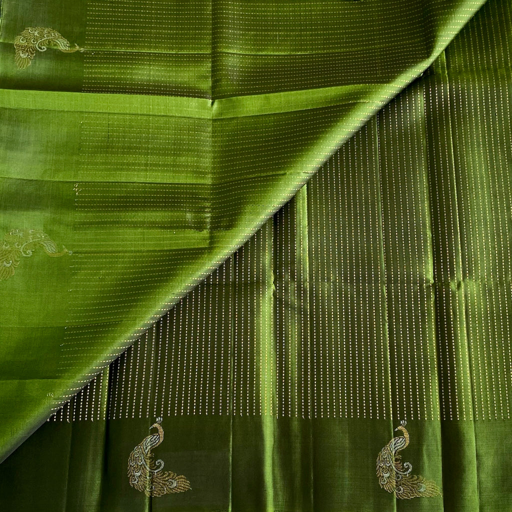 Classy Olive Designer Pure Silk Saree With Zari Stripes All Over