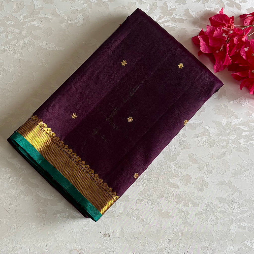 Plum Brown Kanjeevaram Pure Zari Silk Saree With Metallic Gold Pallu