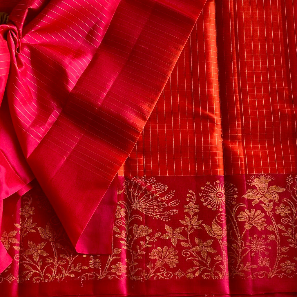 Ethereal Magenta Gold Brocade Saree with Vermilion Checked Pallu Border
