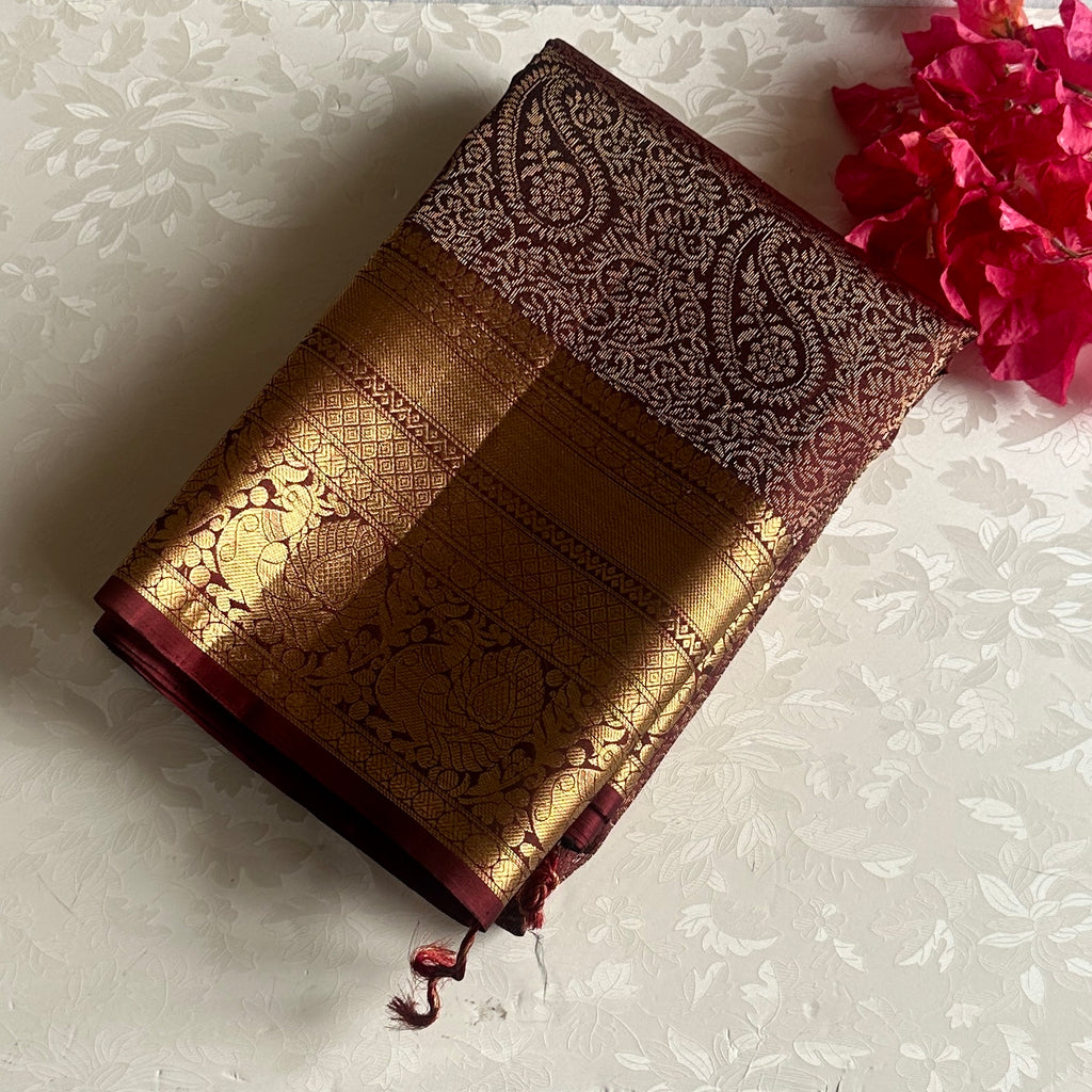 Coffee Wine Designer Brocade Pure Silk Saree With Antique Gold Jaal Border