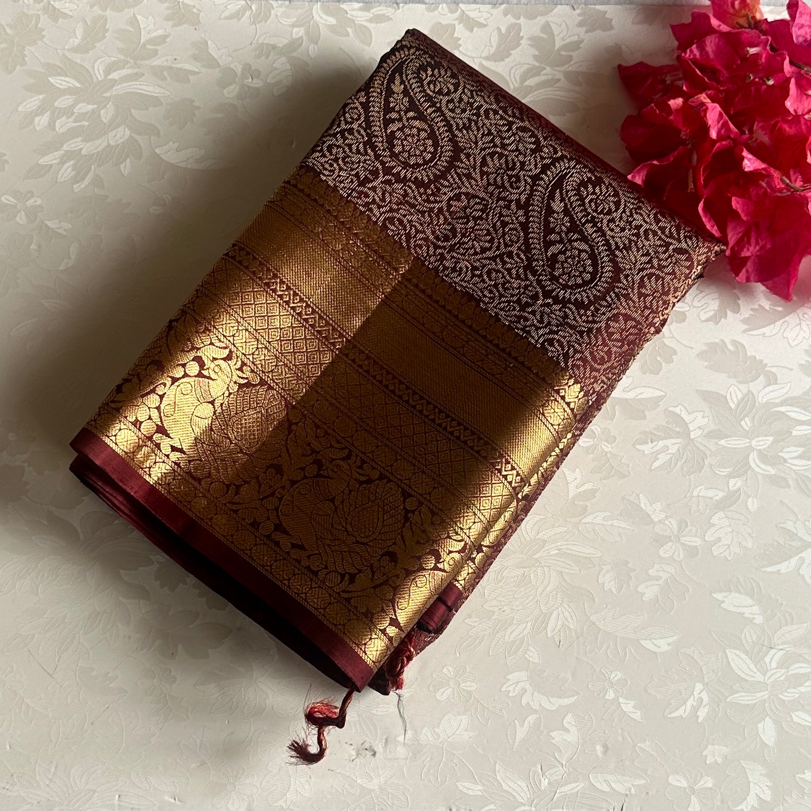 Coffee Wine Designer Brocade Pure Silk Saree With Antique Gold Jaal Border
