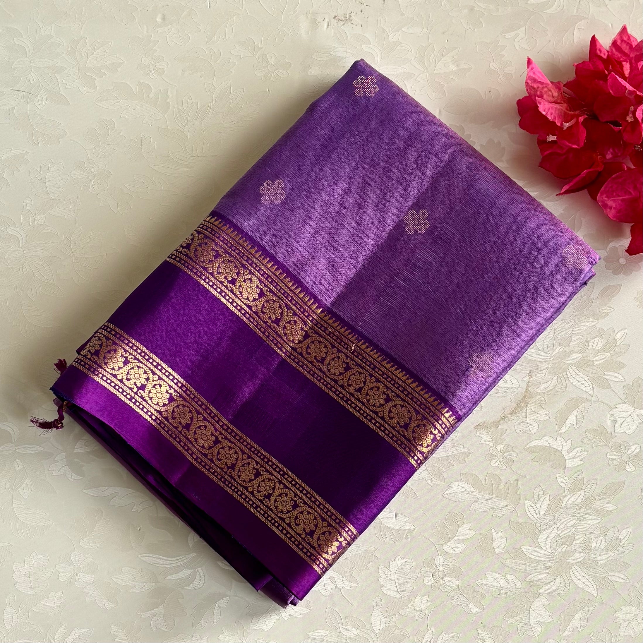 Metallic Lavender Pure Designer Silk With Royal Purple Pallu