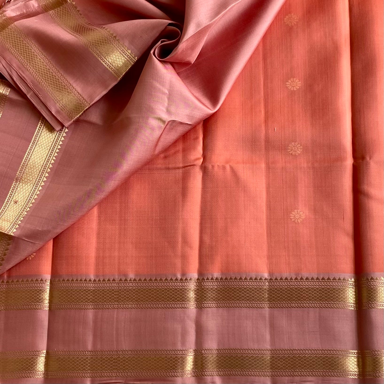 Coral Orange Designer Pure Silk Saree With Blush Pink Pallu