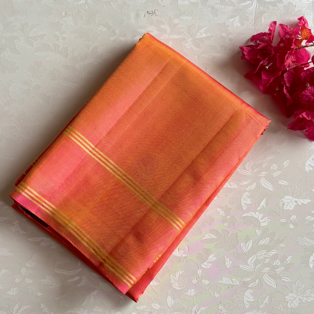 Dual Shaded Sunset Orange Designer Pure Silk Saree With Deep Green Pallu Zari