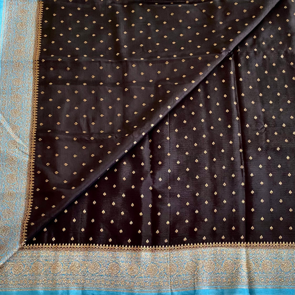 Gorgeous Black Banarasi Crepe Silk Saree With Turquoise Blue Border