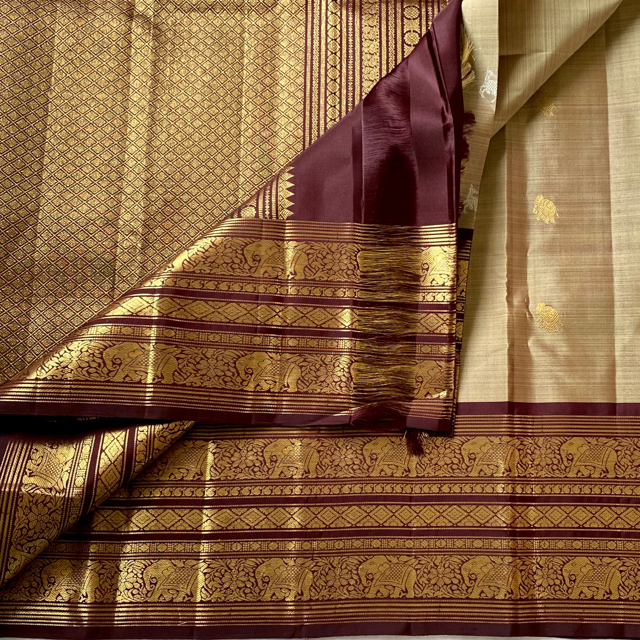 Classic Greyish Beige with Deep Wine Brown Kanjeevaram Masterpiece