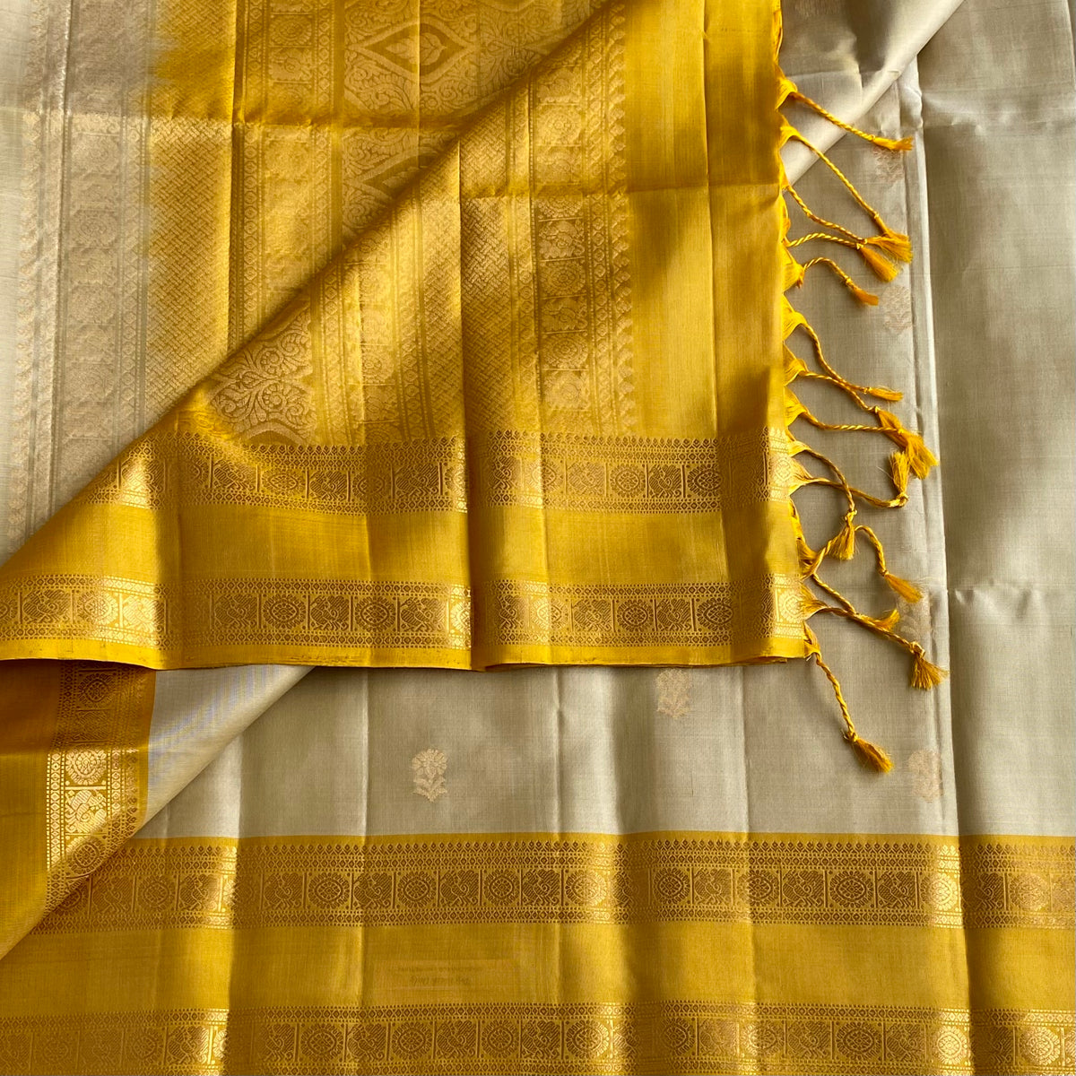 Ivory Beige Designer Pure Silk Saree With Mustard Yellow Pallu And Gold Border