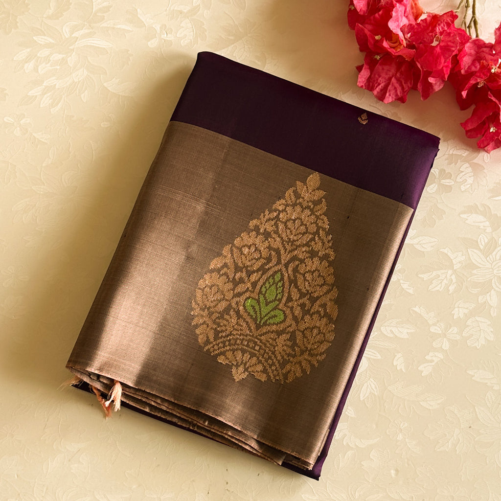 Royal Purple Saree Rose Gold Pallu Paisley Buta Woven Elegance