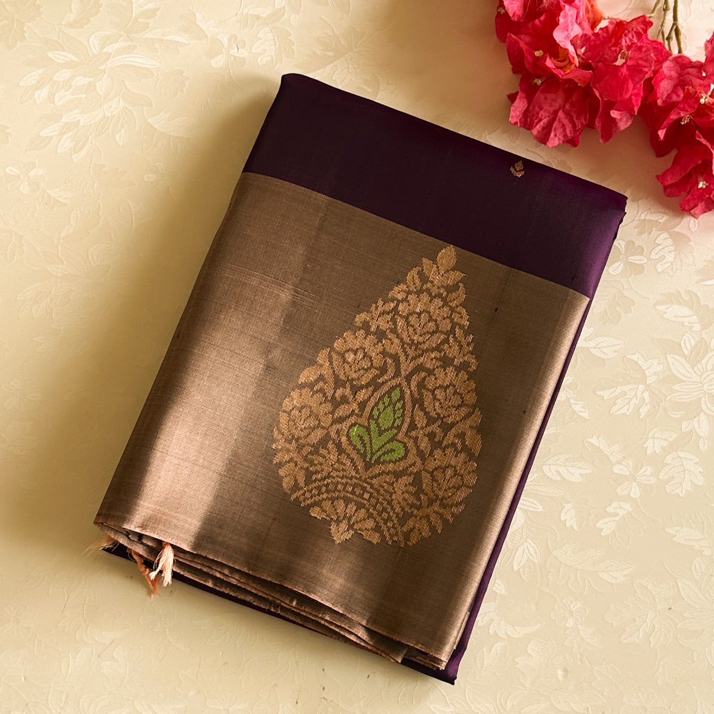 Royal Purple Saree Rose Gold Pallu Paisley Buta Woven Elegance