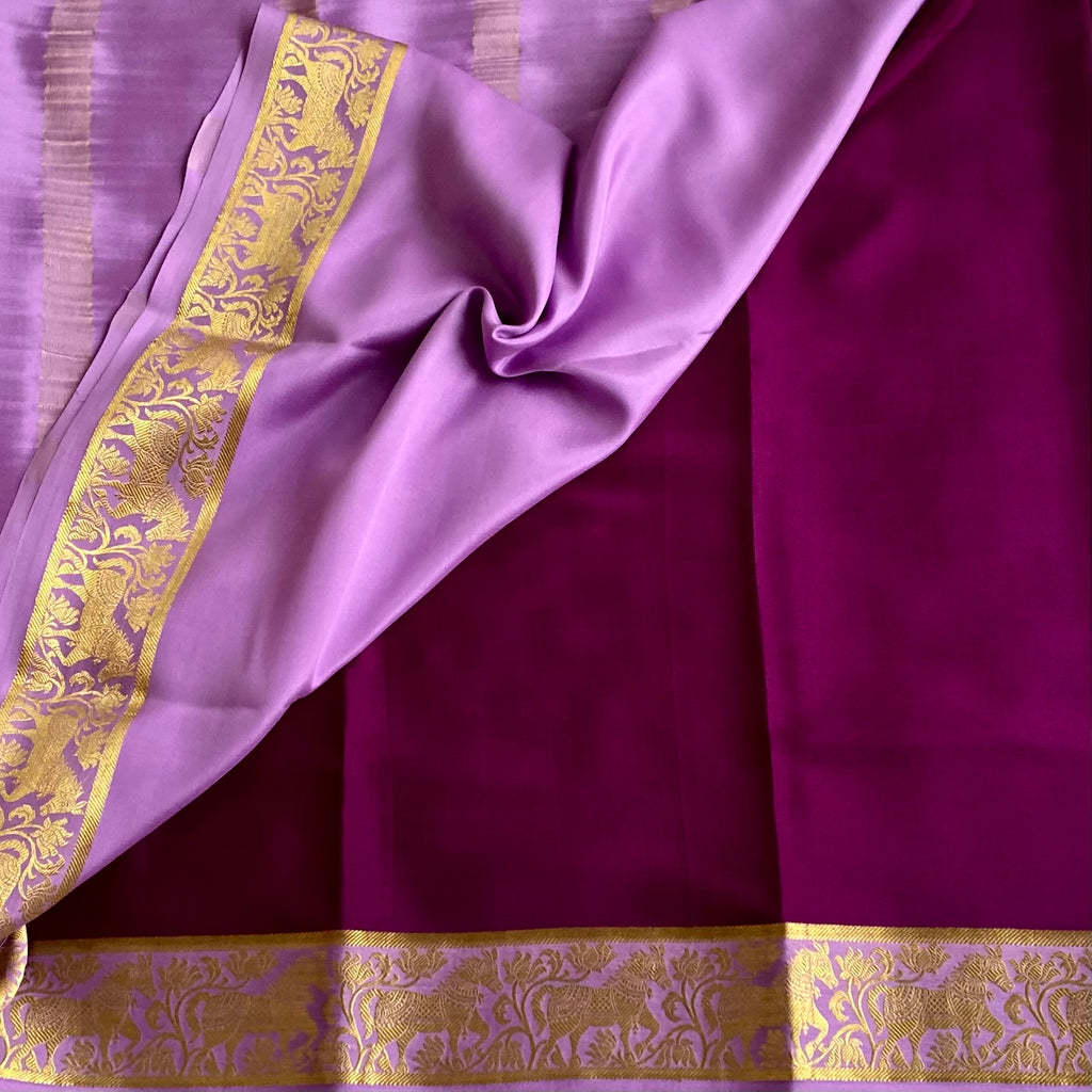 Plum Purple And Lavender Mysore Crepe Silk Saree With Gold Border