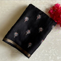 Jet Black Soft Tussar Silk Saree With Antique Gold Border And Embroidery