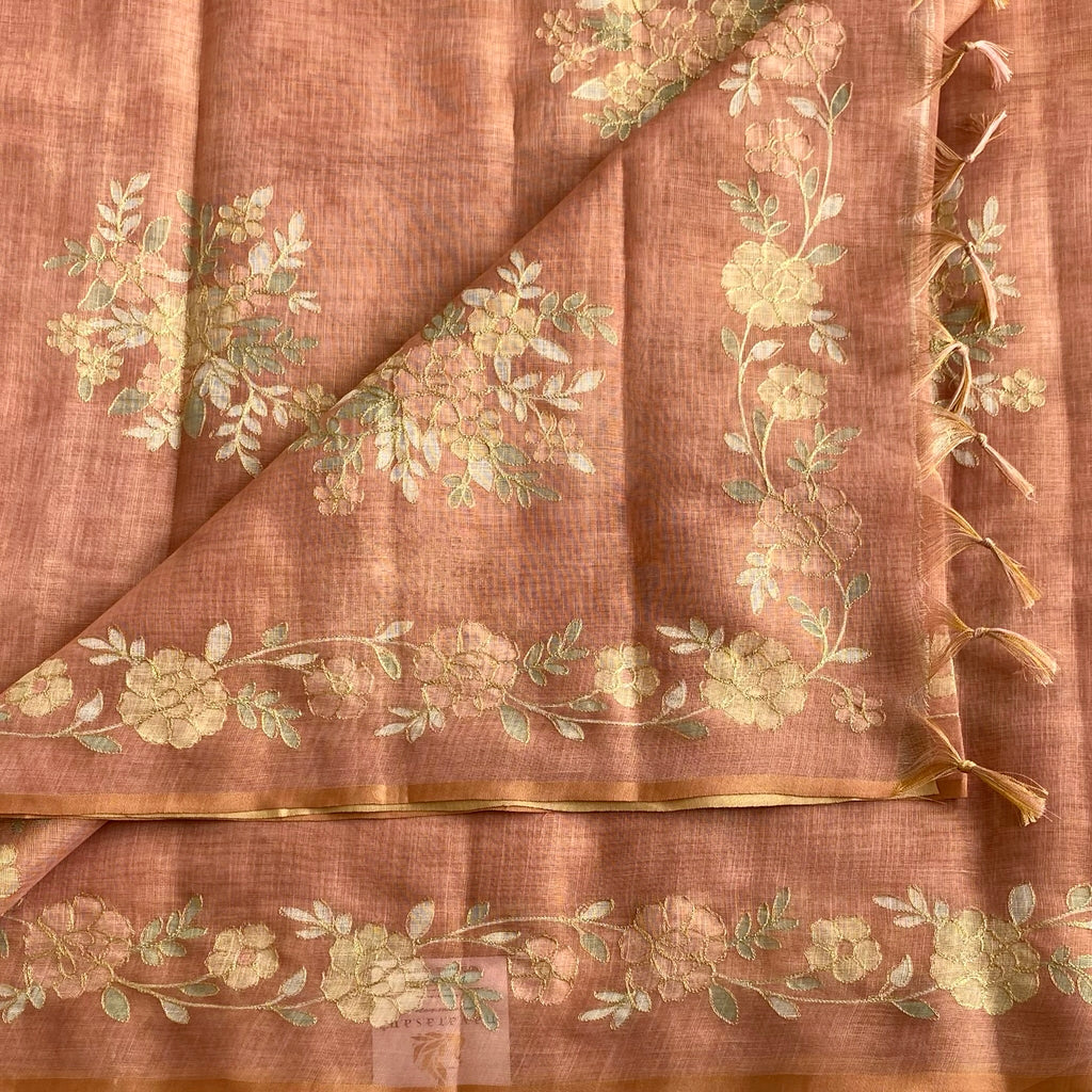 Terracotta Peach Designer  Linen Tussar Saree With Gold Floral Embroidery And Tassels