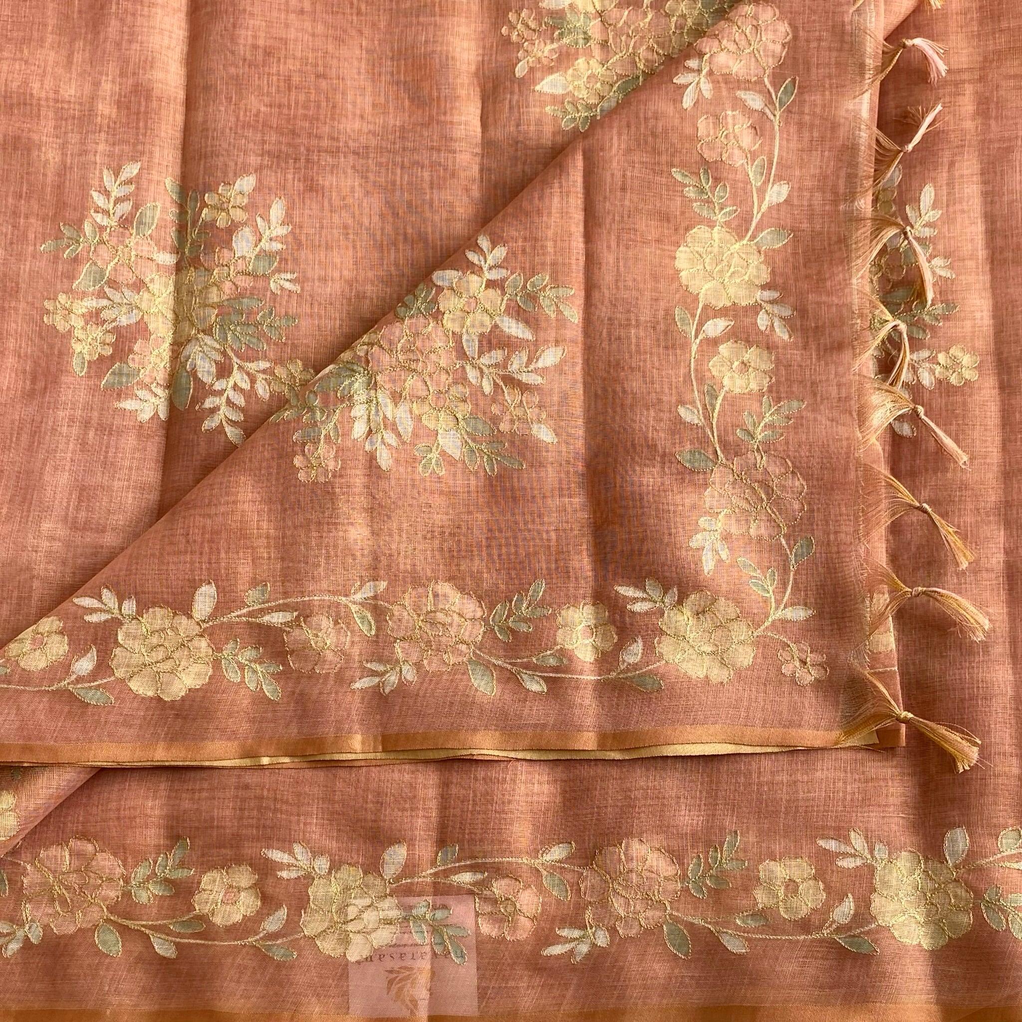 Terracotta Peach Designer  Linen Tussar Saree With Gold Floral Embroidery And Tassels