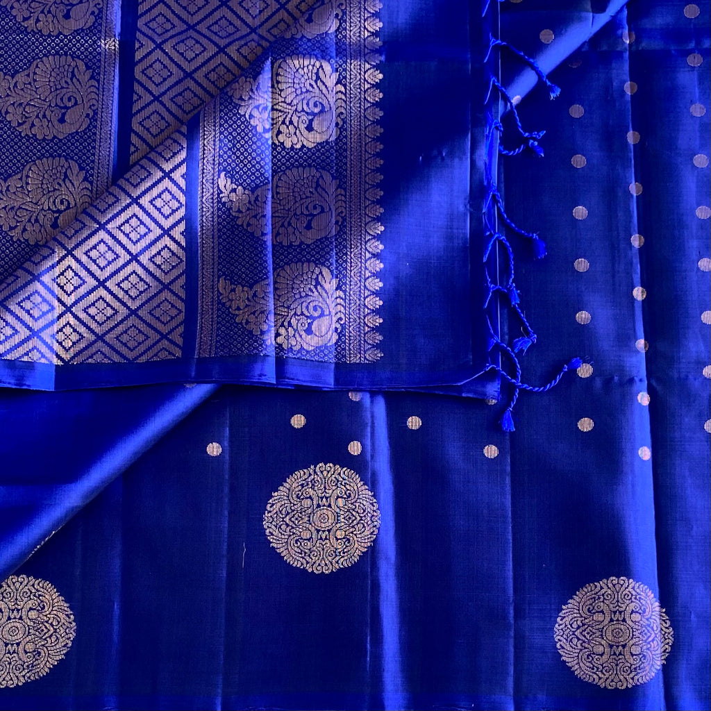 Royal Blue Designer Pure Silk Saree With Metallic Gold Diamond Pallu