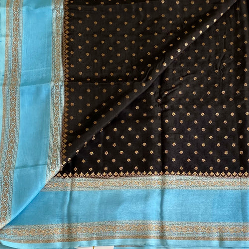 Banarasi Crepe Silk Obsidian Black Saree With Turquoise Blue