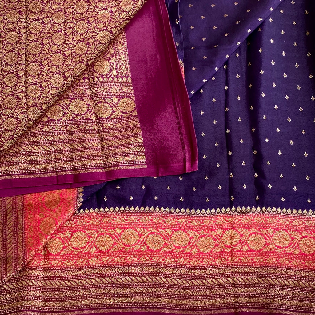 Tri Colour Brinjal Purple And Wine Rose Pink Banarasi Crepe Silk Saree With Gold Zarii