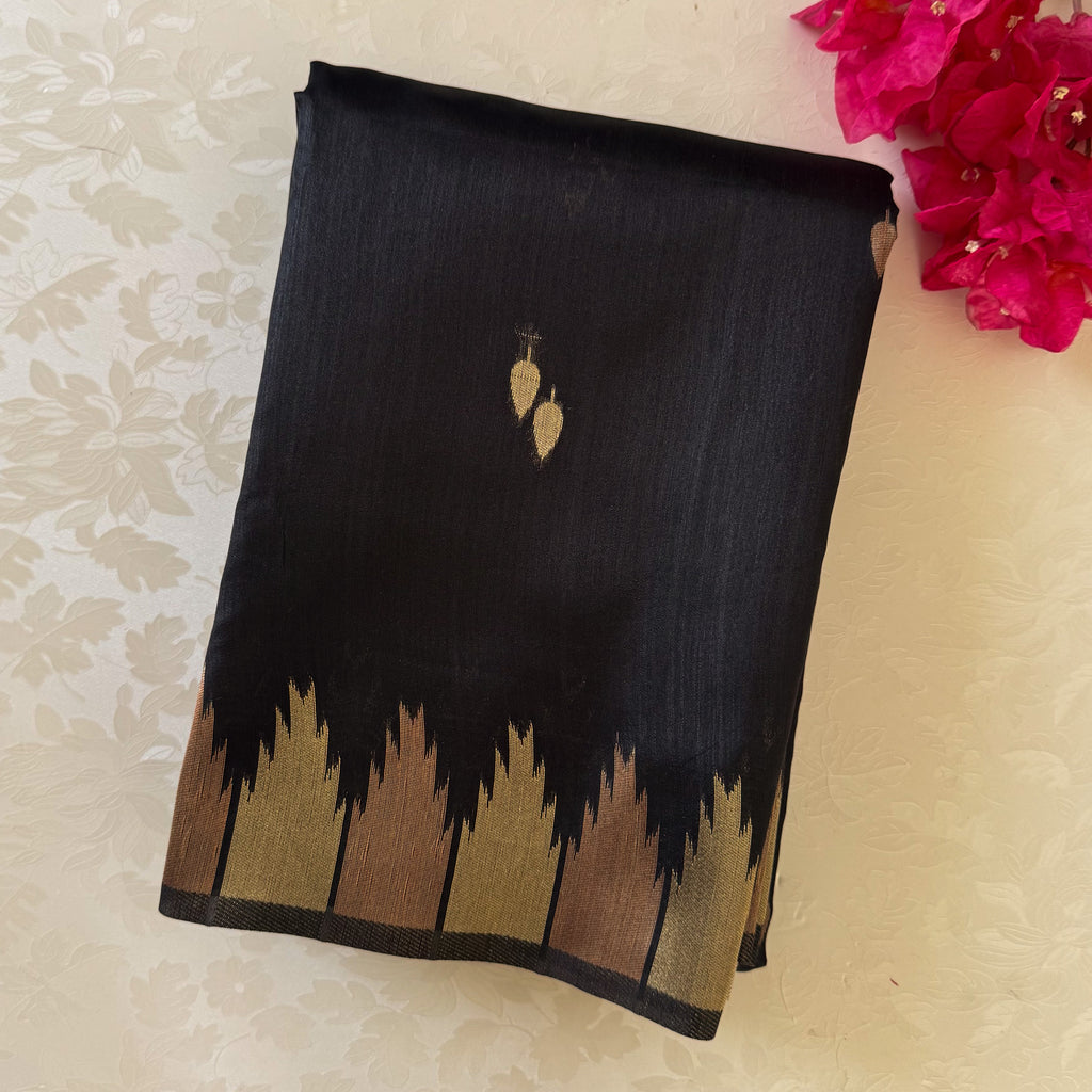 Burgundy Black Ikat Saree with Gold Temple Border Festive Wear