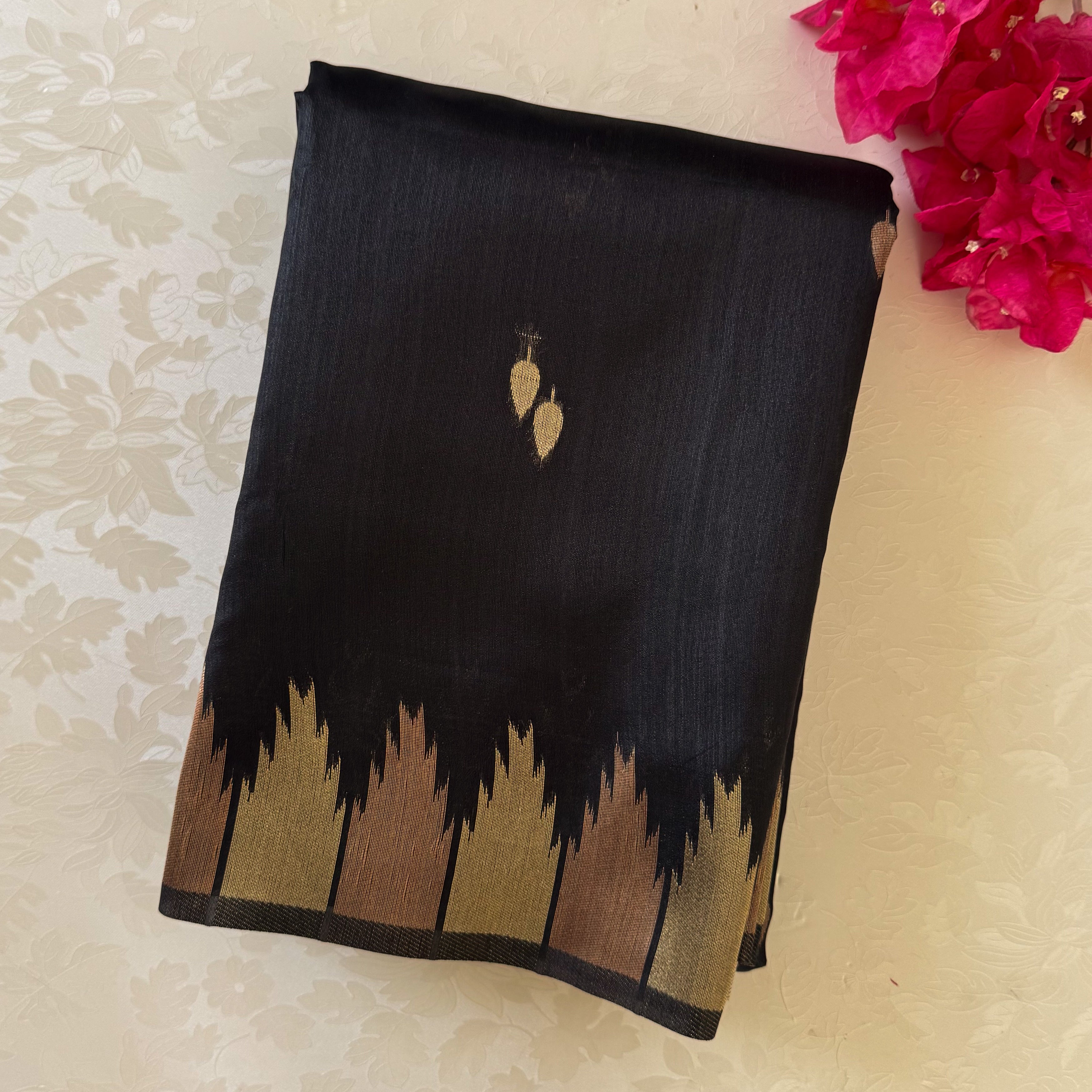 Burgundy Black Ikat Saree with Gold Temple Border Festive Wear