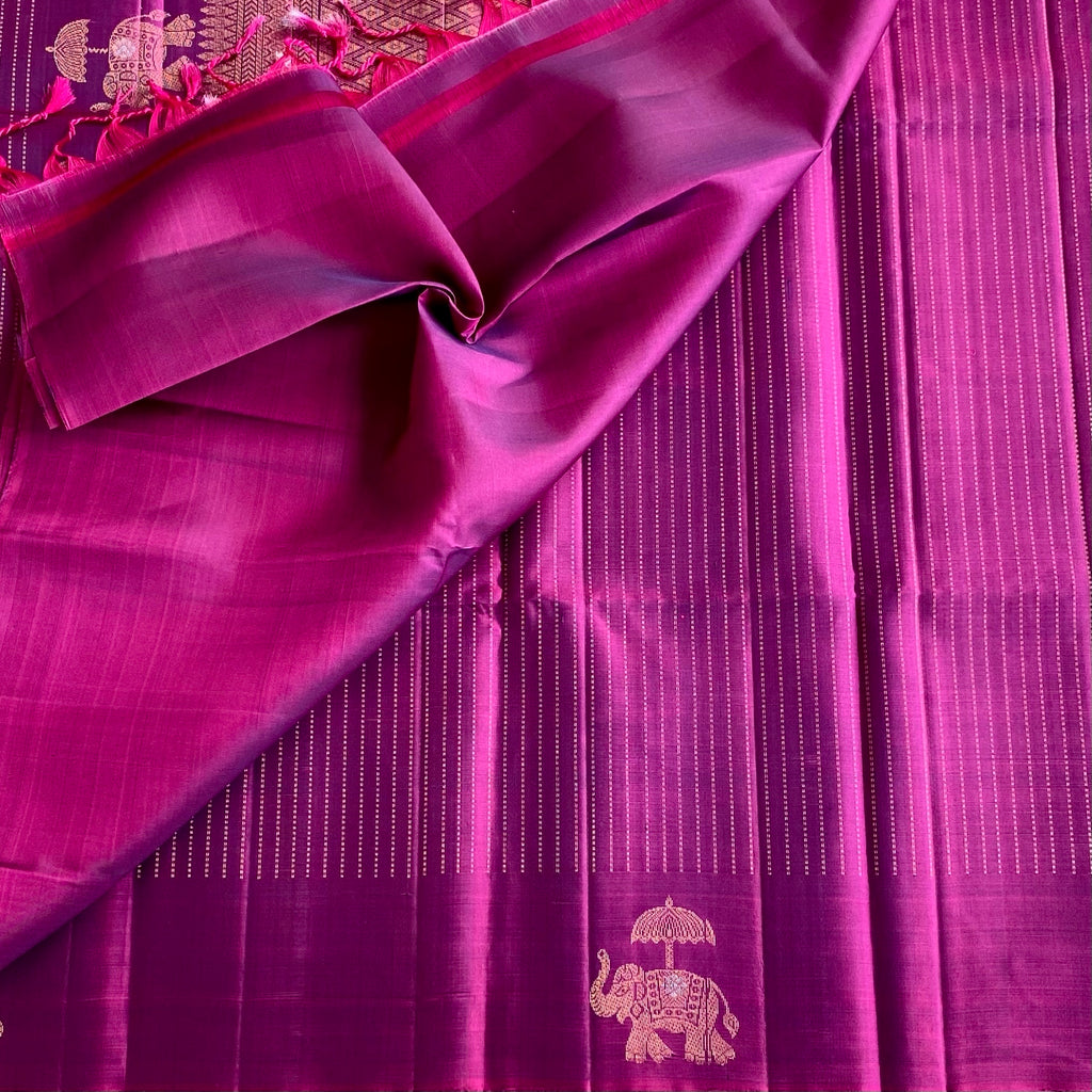 Dual Shaded Magenta Designer Pure Silk Saree With Metallic Gold Pallu