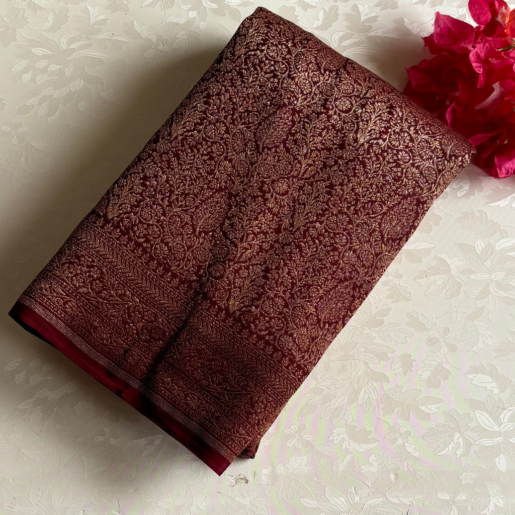 Banarasi Crepe Silk Deep Wine Maroon Saree With Metallic Gold Zari Woven Border