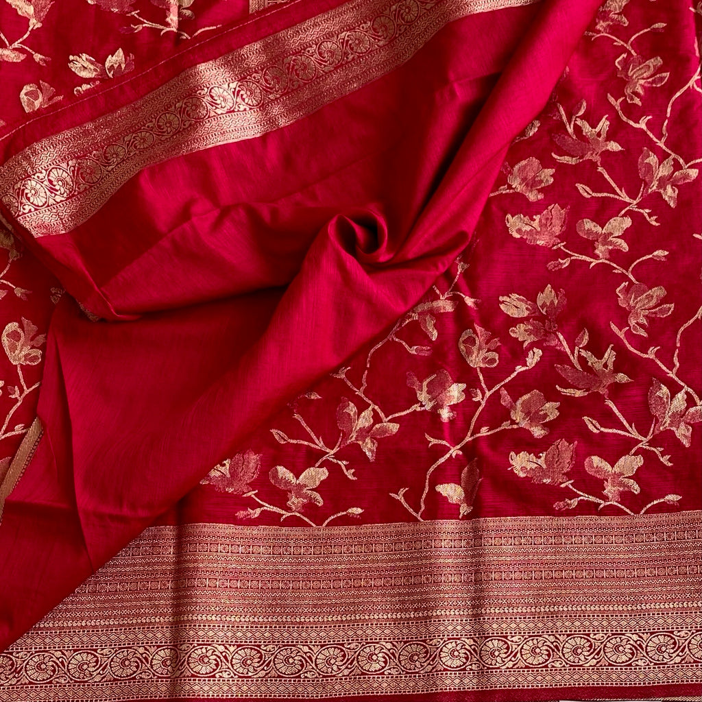 Vivid Burgundy Red Soft Tussar Silk Saree With Antique Gold Pallu