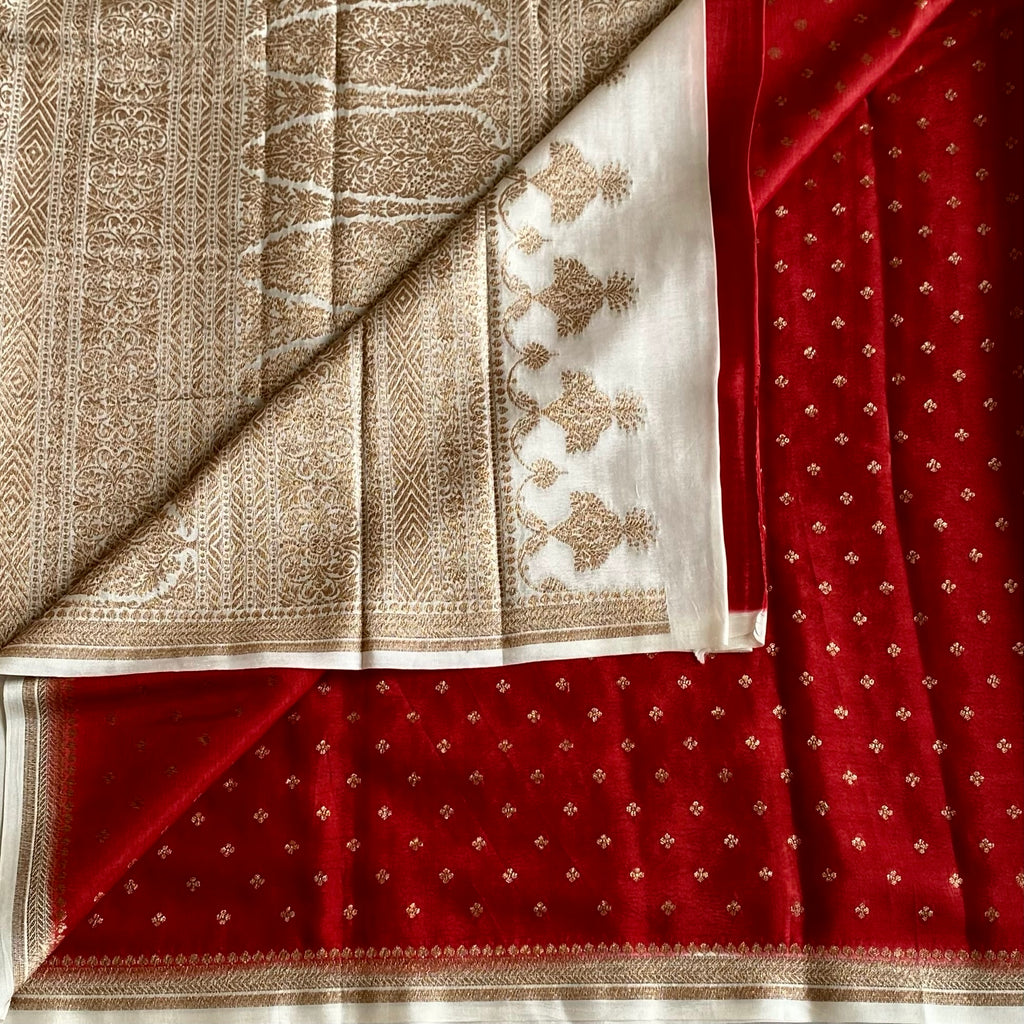Crimson Red Banarasi Crepe Silk Saree With Ivory Pallu And Gold Buti