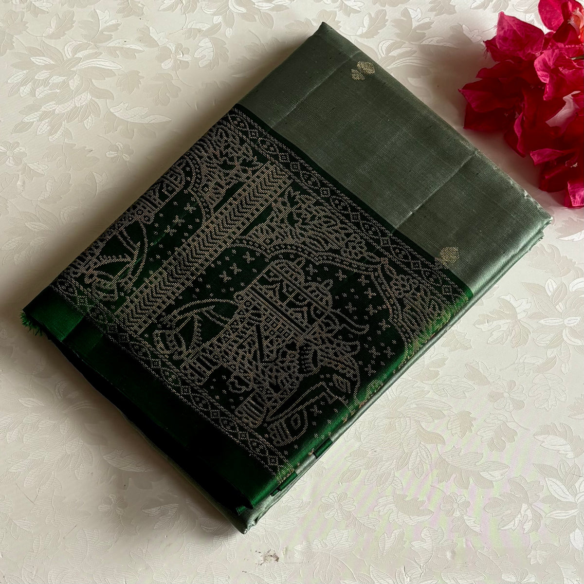 Metallic Sage Green Designer Pure Silk Saree With Emerald Green Pallu