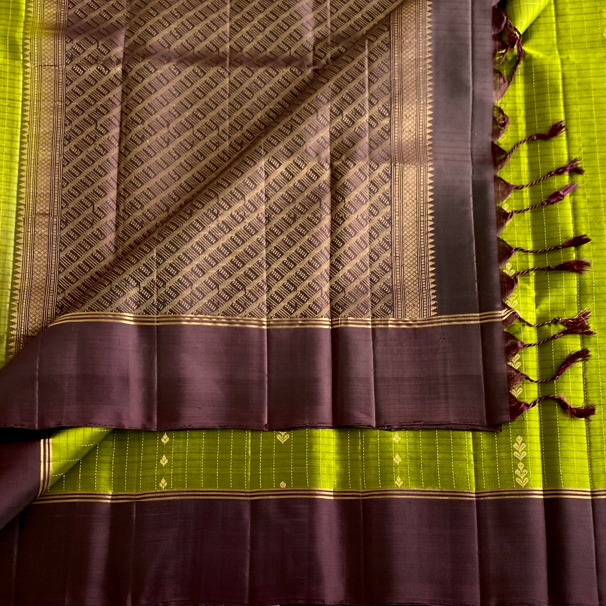 Olive Green Designer Pure Silk Saree With Chocolate BrownPallu