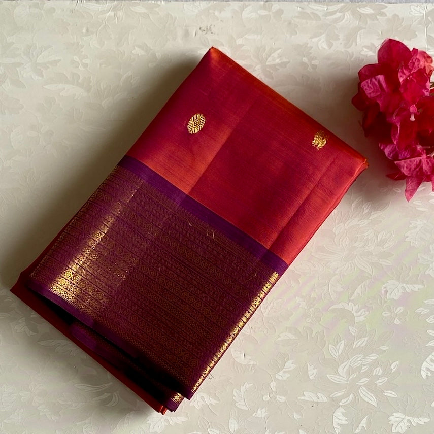 Dual Shaded Kanakambari Orange with Classy Wine Purple Pure Kanjeevaram Silk