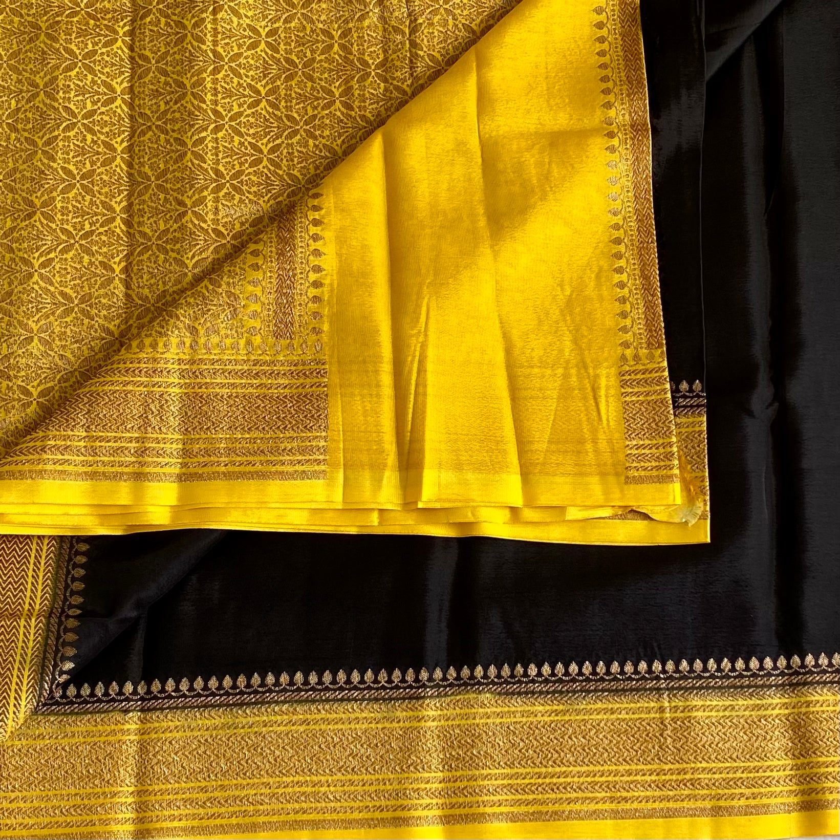 Jet Black Banarasi Crepe Silk Saree With Sunflower Yellow Pallu